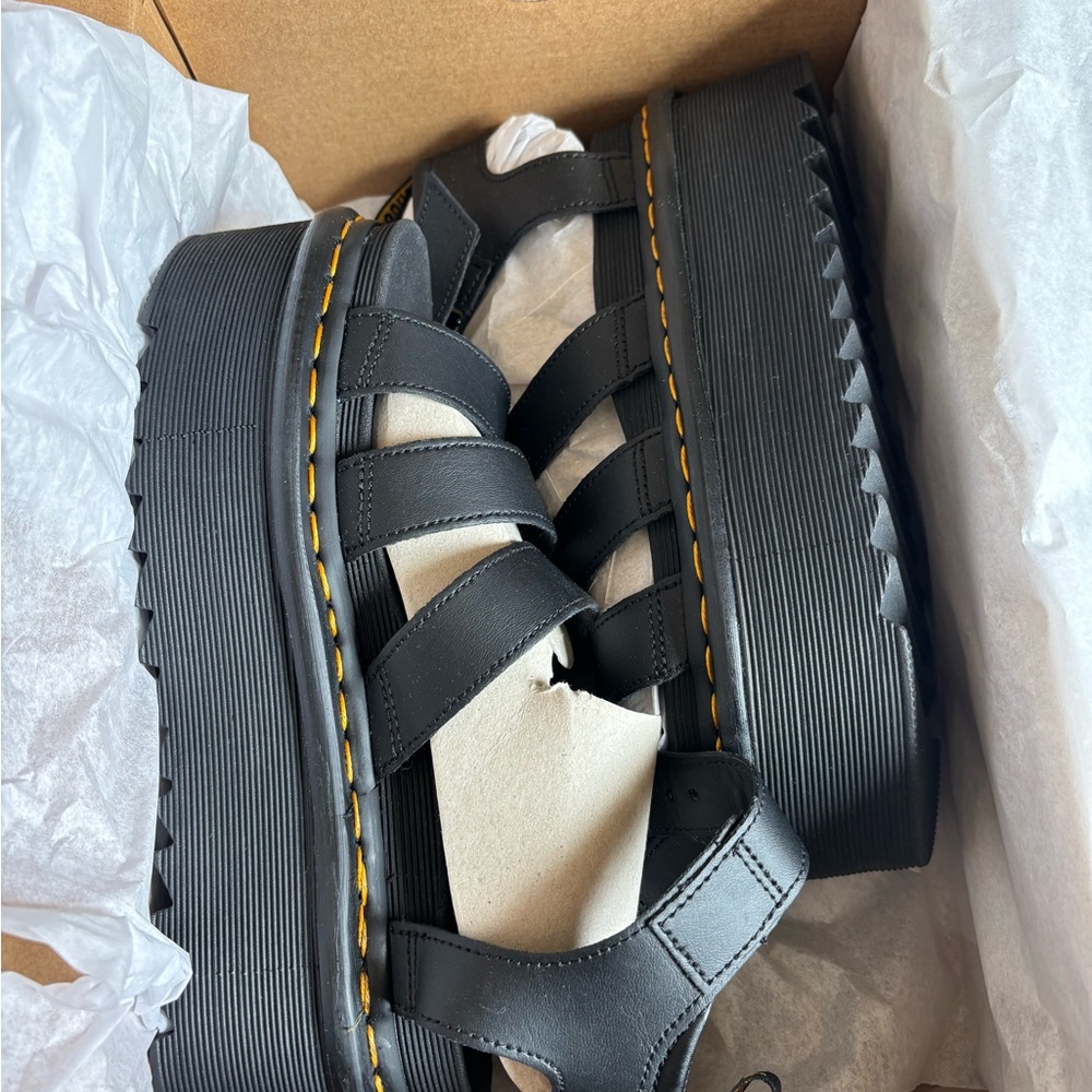 Black Platform Sandals with Yellow Stitching